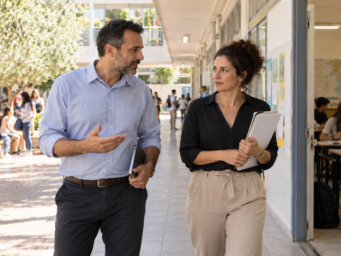 מנהל ומורה משוחחים במסדרון בית הספר
