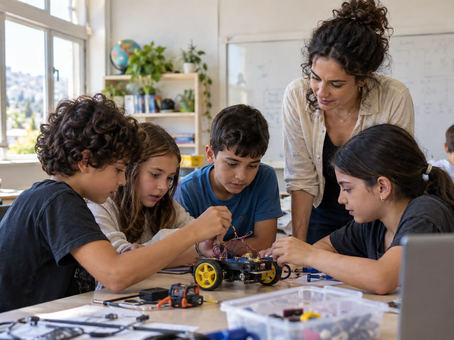 מורה ותלמידים עובדים יחד על ערכת רובוטיקה