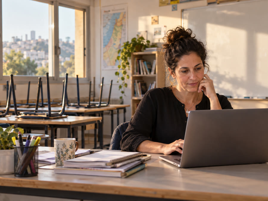 מורה בוחנת נתוני תלמיד/ה במחשב הנייד בכיתה ריקה