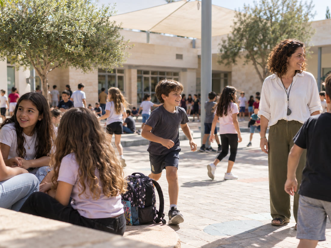ילדים משחקים בחצר בית הספר בהפסקה, מורה משגיחה