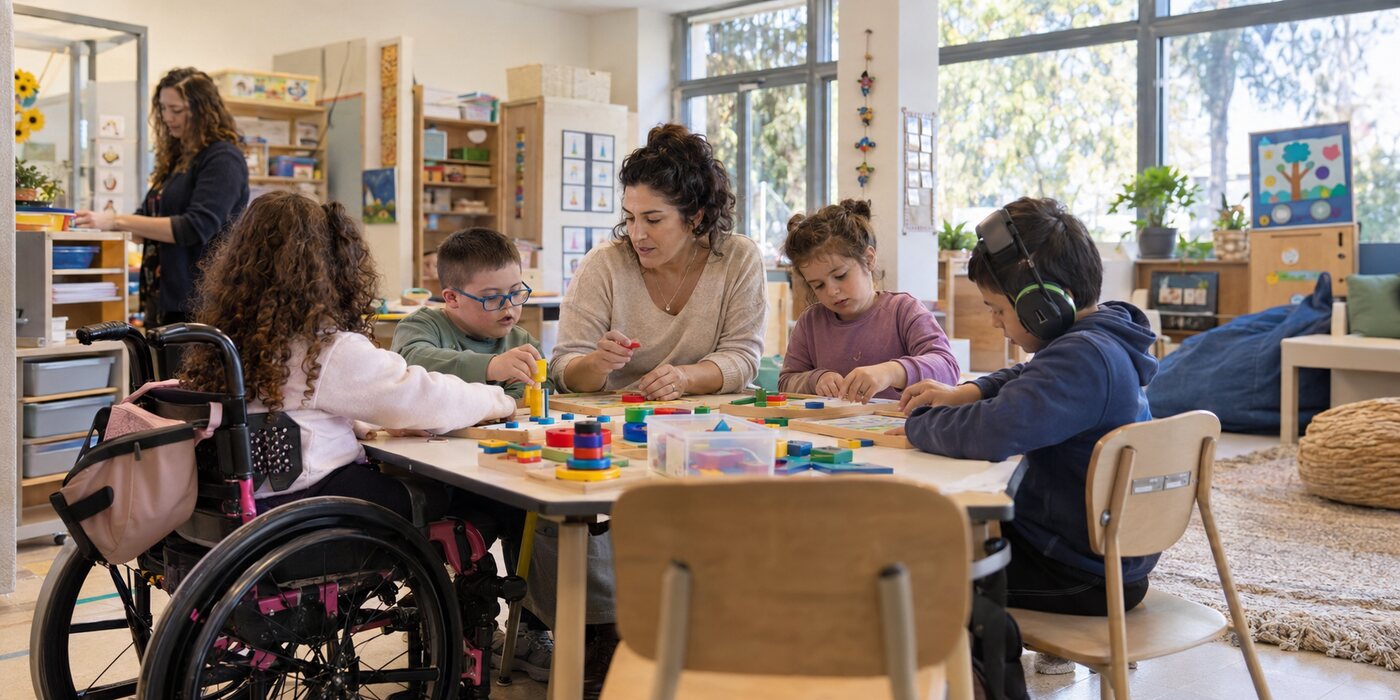 מורה יושבת עם קבוצת תלמידים סביב שולחן, ביניהם ילדה בכיסא גלגלים וילד עם אוזניות מנטרלות רעש, משחקים עם קוביות בנייה