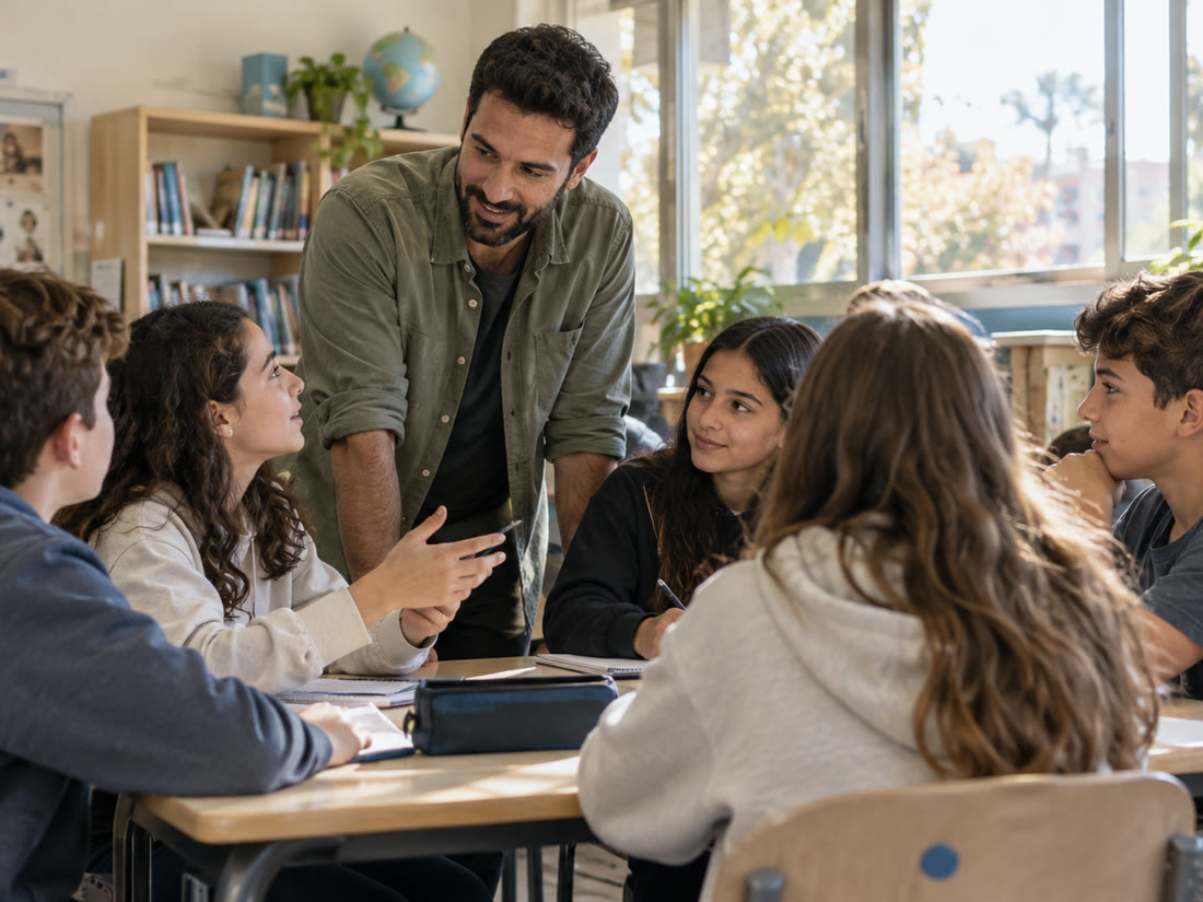 מורה עומד ומשוחח עם קבוצת תלמידים סביב השולחן